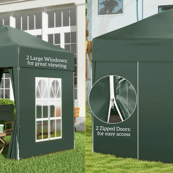 Green pop-up gazebo side with two large window panels and two zipped doors