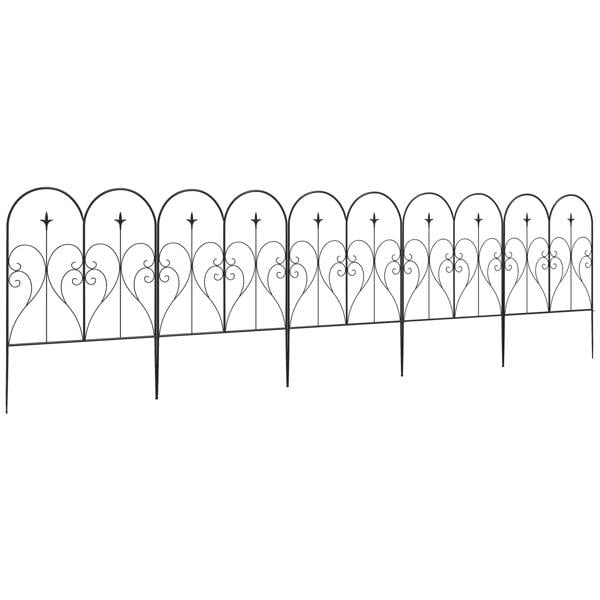 Long row of black decorative metal fence panels with heart-shaped arches and pointed finials