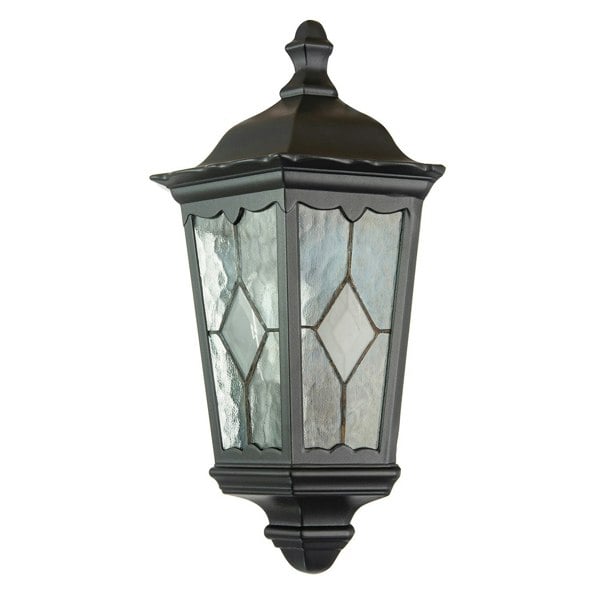 Traditional Black Half Lantern Outdoor Wall Lamp with Cathedral Textured Glass Image 3