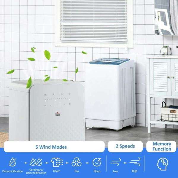 White portable dehumidifier with air purifier, front and top with vent grille