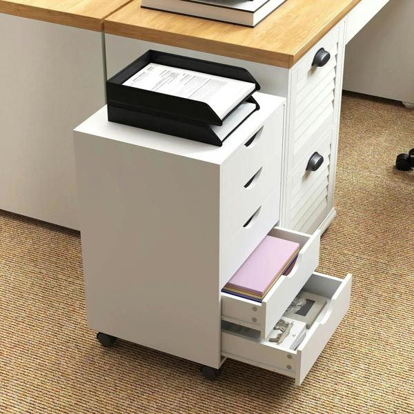 White filing cabinet with open side drawers and book-sized file storage compartment