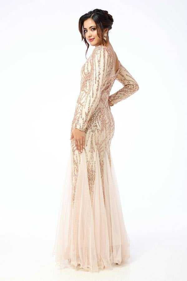 LuvForever Aya - Gold Long Sleeve Sequin Maxi Dress