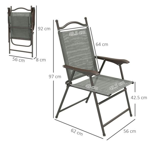 Dark grey folding garden chair with mesh seat and armrests, shown with dimensions