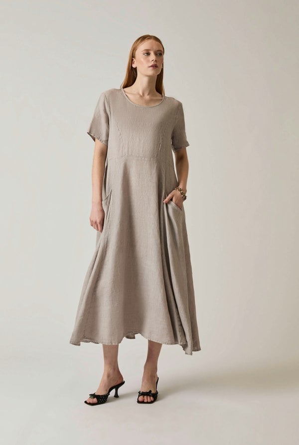 Taupe linen midi dress with pockets
