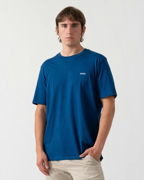 HUGO Dero222 Mens Cotton-Jersey T-Shirt with Logo Print - Open Blue 497