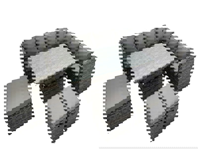 Fimous 9 Seater Rattan Height Adjustable Rising Lifting Table Corner Sofa Sets with 3 Footstools Dark Grey Mixed