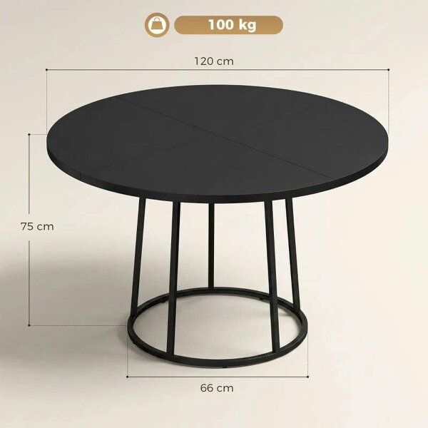 Dining Table Space Saving Kitchen Table Spliced Tabletop Conical Metal Base 120 cm Round Black
