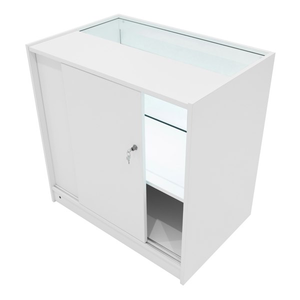 Sleek white LED shop counter set with glass display top, sliding door, and interior shelves for organized storage and visibility
