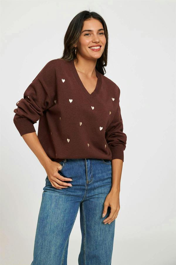 FS Collection Embroidery Cream Heart V Neck Jumper In Brown