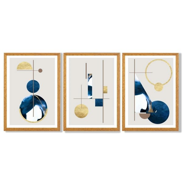 Artze Wall Art Abstract Set of 3 Textured Geometric Framed Prints in Navy Blue and Gold