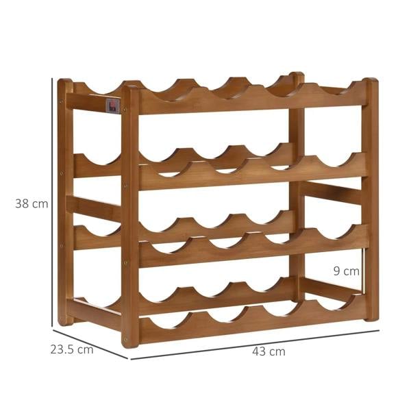 Brown bamboo 4-tier wine rack with curved slots and compact freestanding frame