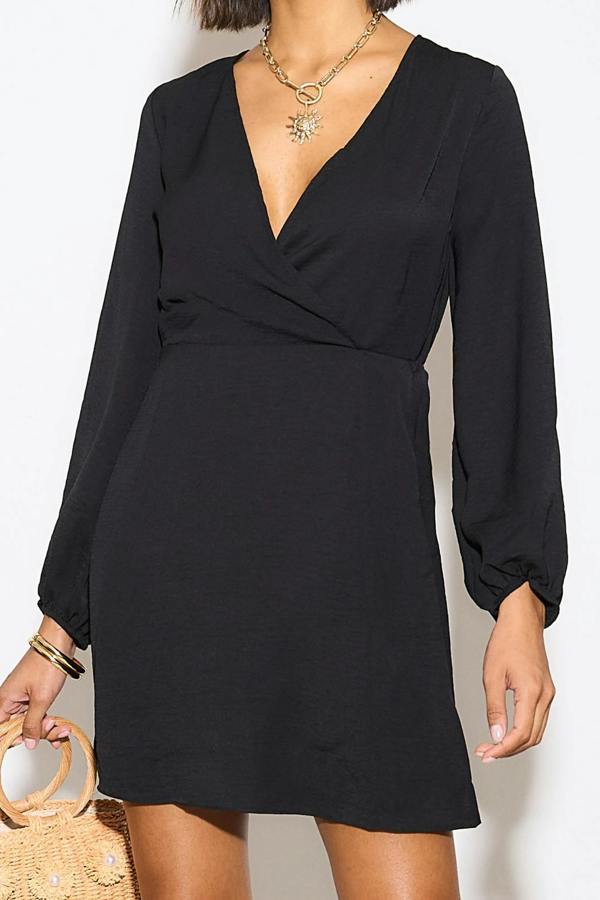Hoxton Gal Relaxed Fit Wrap Front Long Sleeves Mini Dress in Black