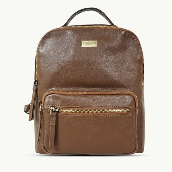 Assots London 'ANGEL' Tan Pebble Grain Real Leather Zip-top Backpack
