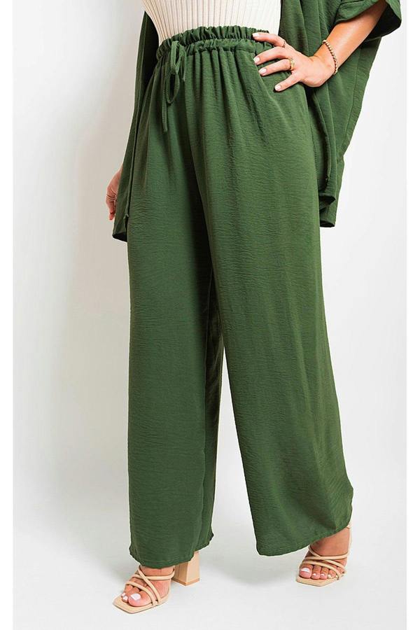 Mollie Drawstring Gathered Waist Wide Leg Trouser - Khaki