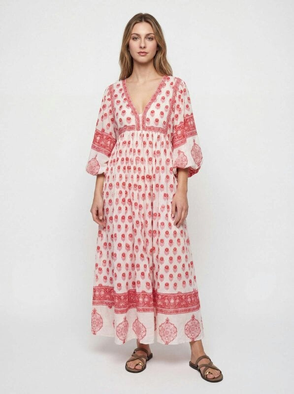 Amelia Red Floaty sleeve Folk Print maxi dress