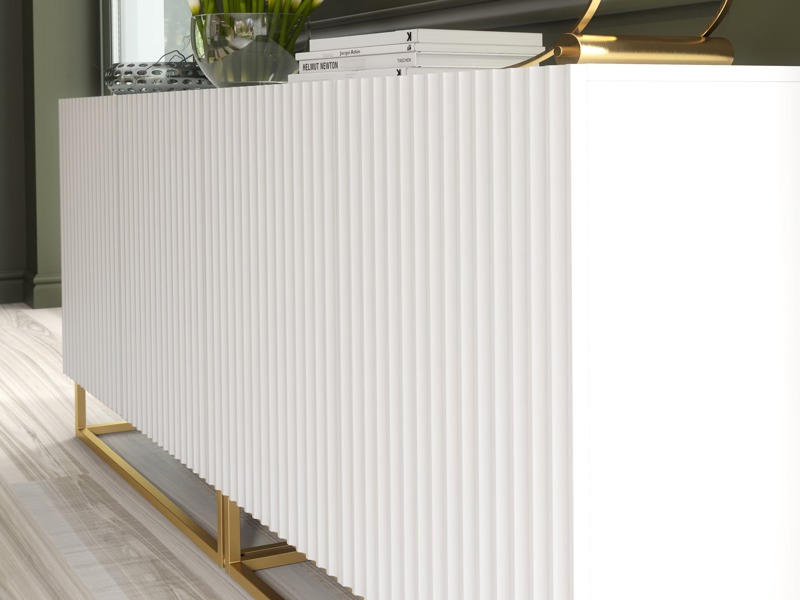 Mex Furniture Sophisticated White Sideboard with Fluted Fronts & Gold Legs – 200cm Storage Unit