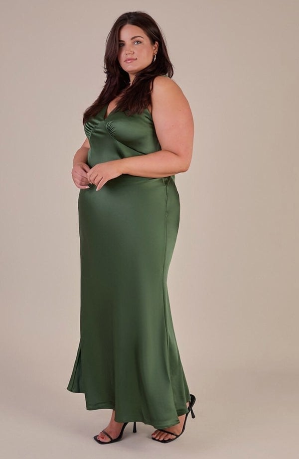 Rewritten London Amelia Dress in Olive Green Satin