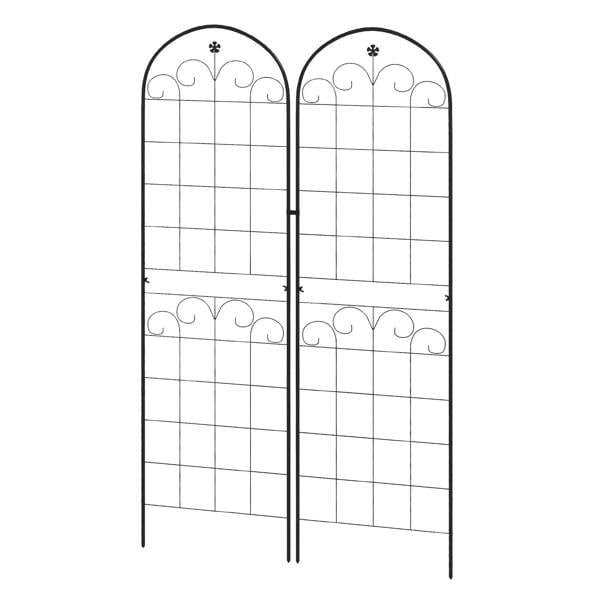 Black metal garden trellis set of 2 with arched top, grid panels, and floral scrollwork
