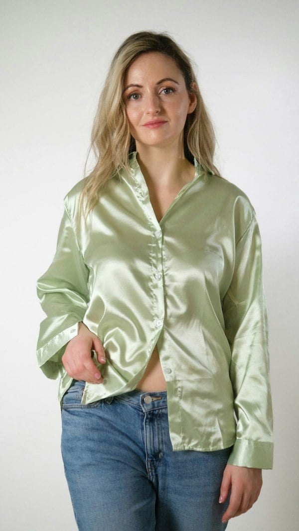 The Colourful Aura Green Silk Satin Plain Long Sleeve Solid Print Loose Shirt