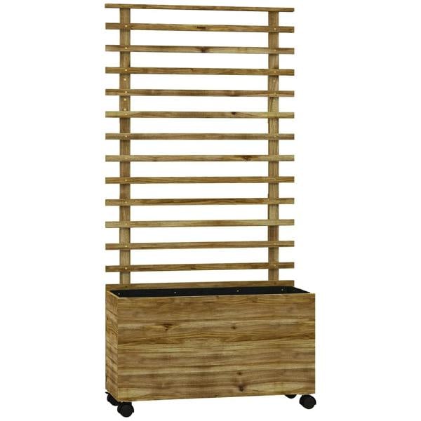 Natural wood raised planter box with back trellis and rolling wheels