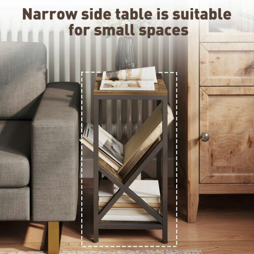 Wyld Haus Elfi Nere Wooden Oak Narrow Side Table With 3 Tier Storage and V Shaped Magazine Holder 40 x 30 x 61 cm