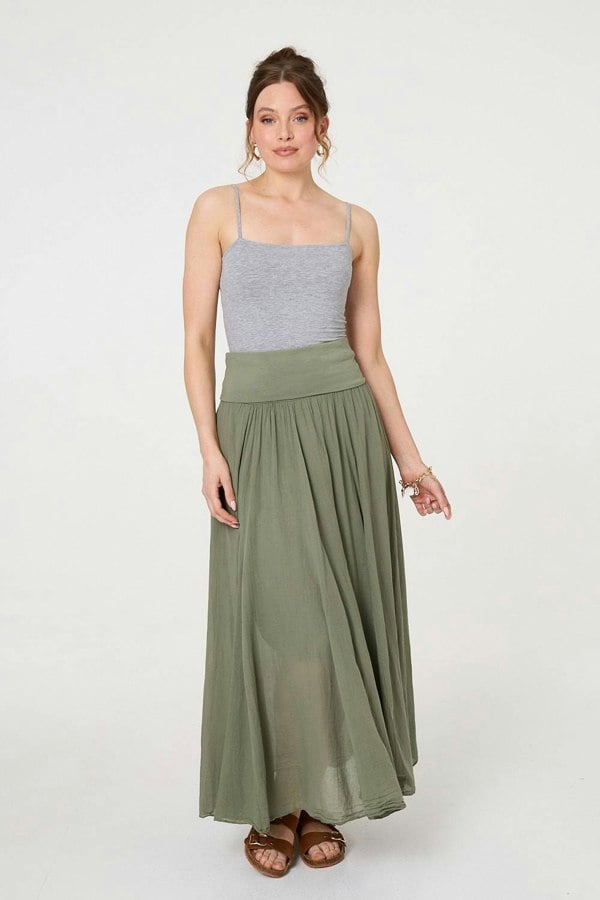 Khaki | Stretchy High Waist A-Line Maxi Skirt : Model is 5'9"/175 cm and wears UK8/EU36/US4/AUS8