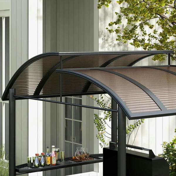Dark grey grill gazebo side view with arched roof and side shelf ledge