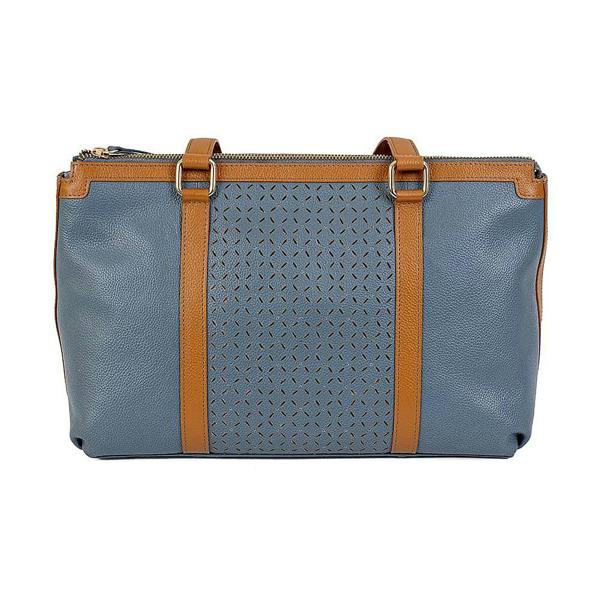 Pia Denim Blue Leather Tote Bag, Laser-Cut Detail with Gold Fittings