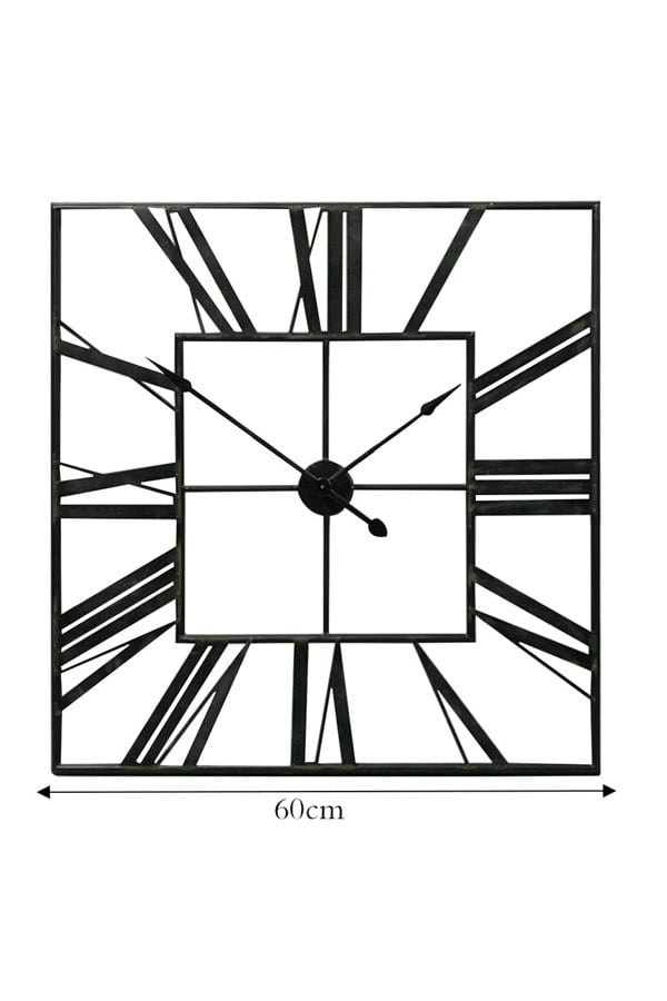 Living and Home 60cm Modern Roman Numeral Skeleton Square Metal Wall Clock