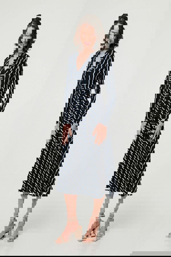 Blue | Striped Tie Waist Long Sleeve Midi Dress
