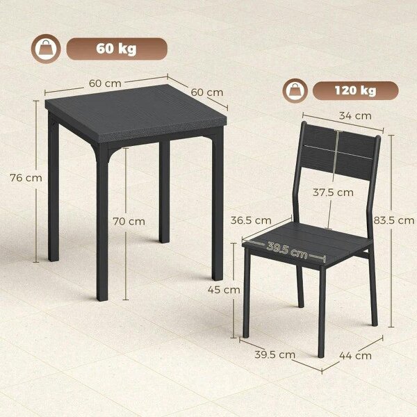 3 Piece Space-Saving Kitchen Table and Chairs, Dining Table Set for 2 with Metal Legs, Black Wood Effect