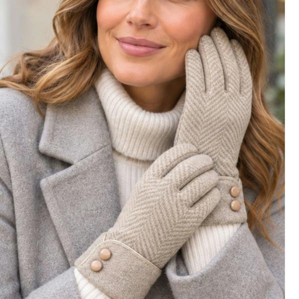 Love EMVY Ladies Herringbone Button Cuff Winter Gloves