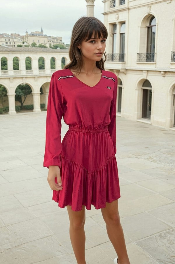 Handmade Stories Burgundy fit-and-flare v neck dress