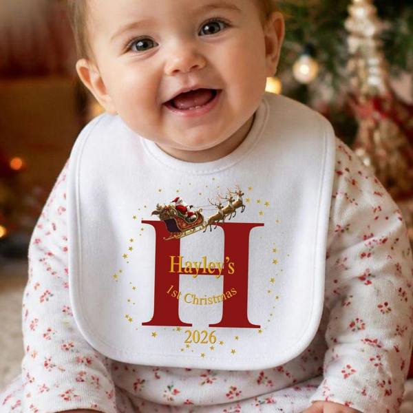 Personalised 1st Christmas Santa Sleigh with Initial - Baby Grow, Vest or Bib with Name