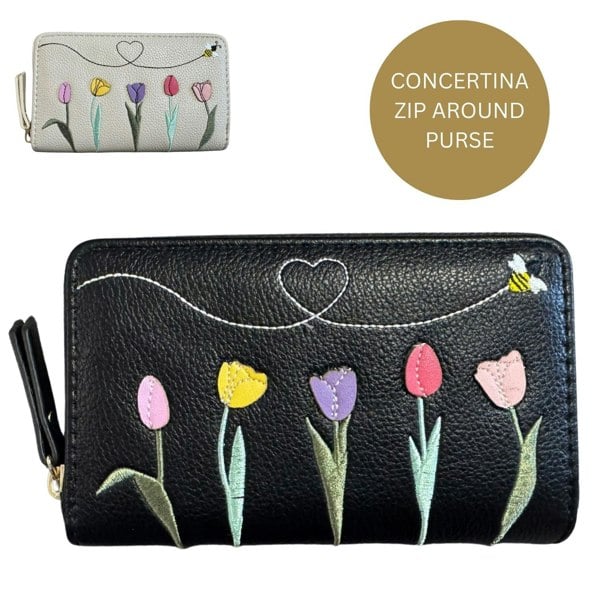 Fores Collection Embroidered Bee & Tulips Zip Around Card & Coin Purse