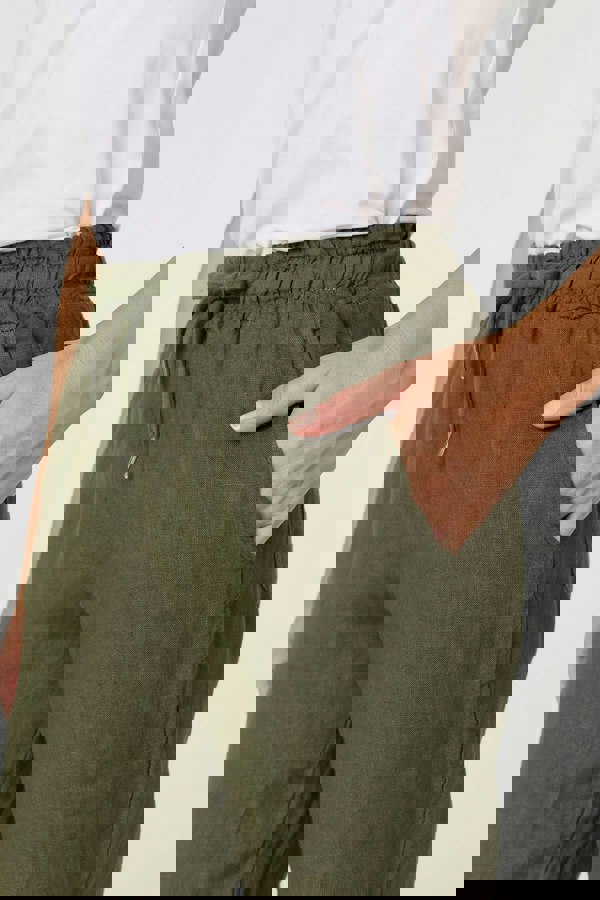 Khaki | Tie Front High Waist Slim Leg Trousers
