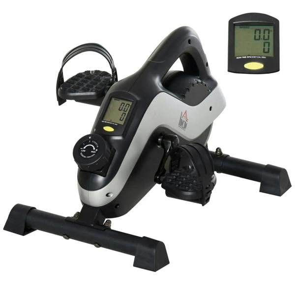 Black mini pedal exerciser with LCD monitor, adjustable tension knob, and pedal bars