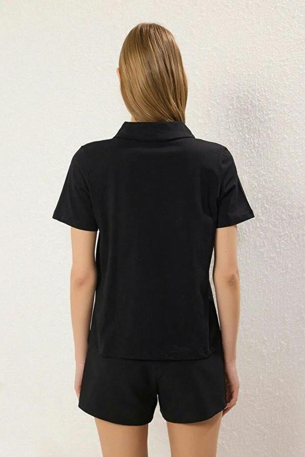 WOVCOR Thick Cotton Polo Collar Knitted T-Shirt with Stone Details