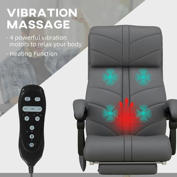 Grey high-back vibration massage chair with heated recline seat and handheld controller