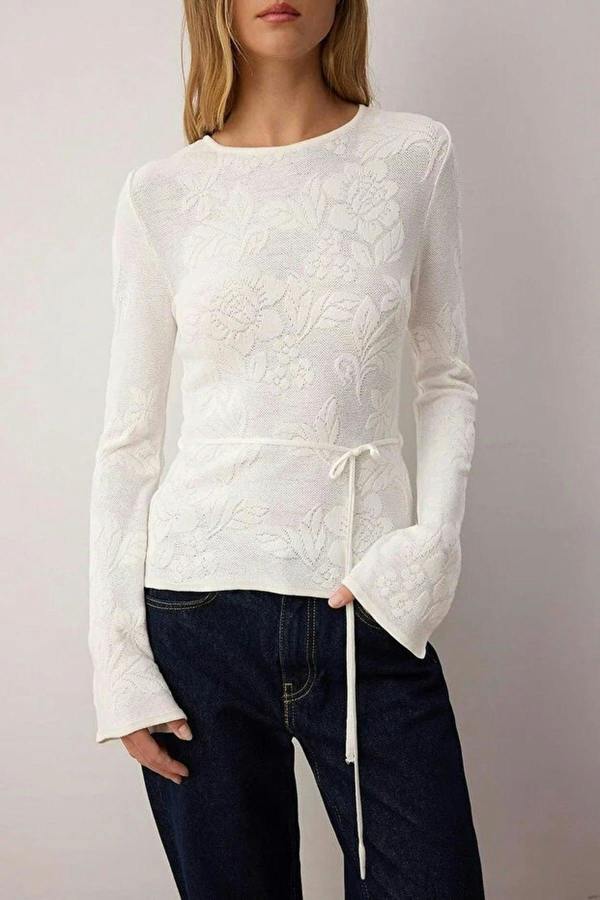 WOVCOR Mercerized Look Rose Pattern Textured Knit Sweater