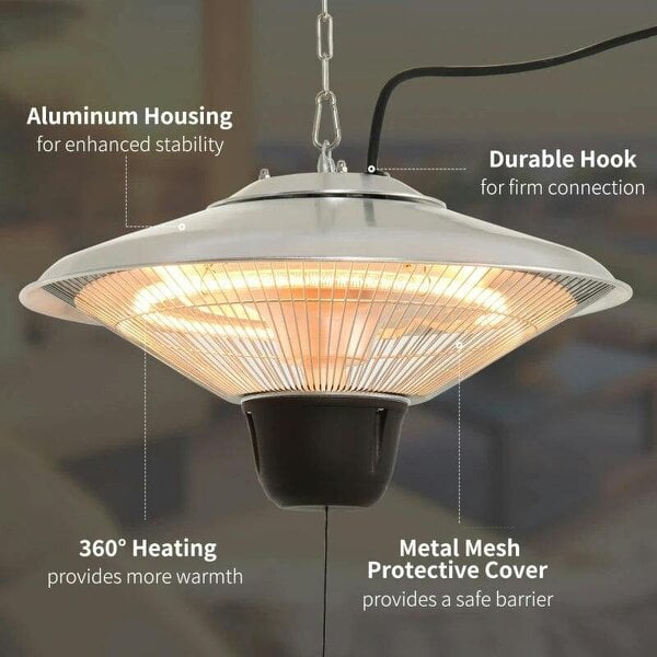 Bobobiy 1500W Outdoor Heater Outdoor Ceiling Mounted Aluminium Halogen Electric Hanging Heating Light Pull Switch Control