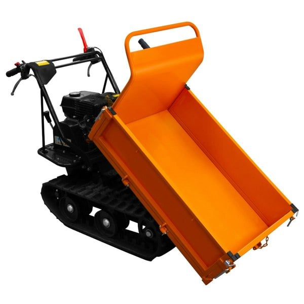 Tracked Mini Dumper Petrol Transporter with a bright orange metal dumper, black tracks, and a sturdy handle for easy maneuvering