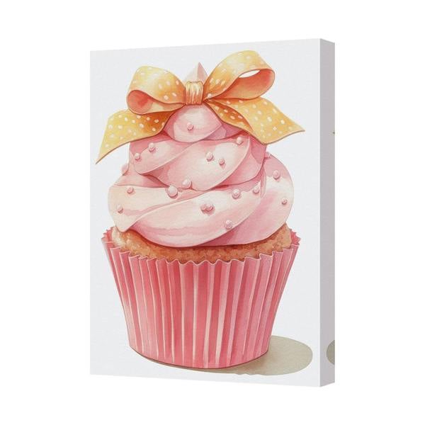 Benjamin Tate Design Pink Cupcake Canvas Wall Art With Yellow Bow Polka Dots
