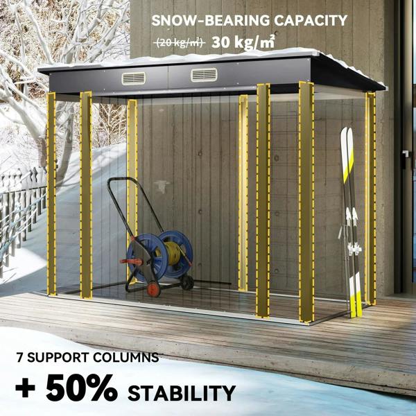 Grey galvanised steel shed with snow-load capacity and support columns diagram
