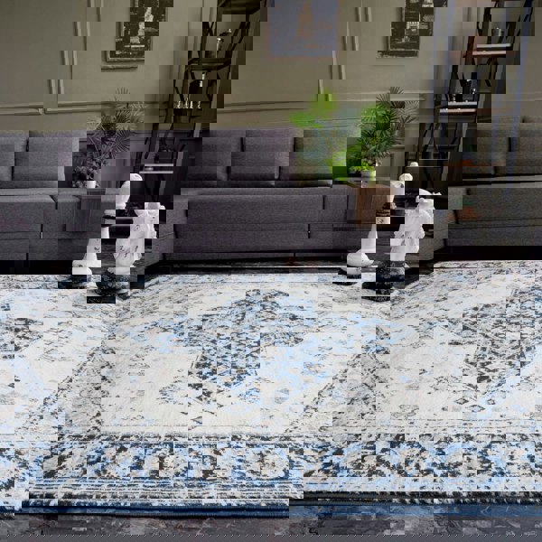 Montana Vintage Navy Rugs Bordered Medallion Stain-resistant | THE RUGS