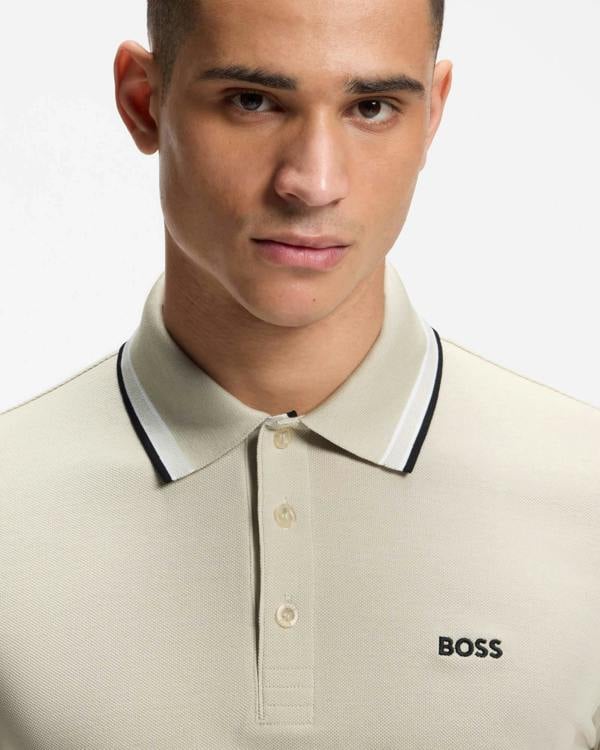 BOSS Green Paddy Mens Cotton-Piqué Polo Shirt with Contrast Logo - Light Beige 276