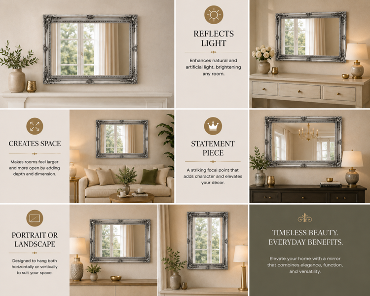 Downton Interiors Large Antique Silver Wood Frame Wall Mirror 90cm x 65cm