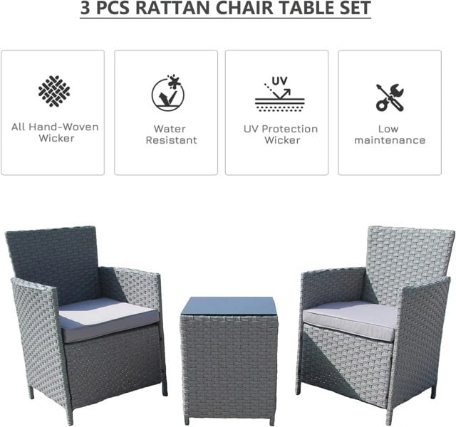 Furniture One Rattan Bistro Garden Furniture 3 Piece Set - PE Rattan Soft Cushion Garden Bistro Set 2 Chairs and Glass Top Table Set - Grey