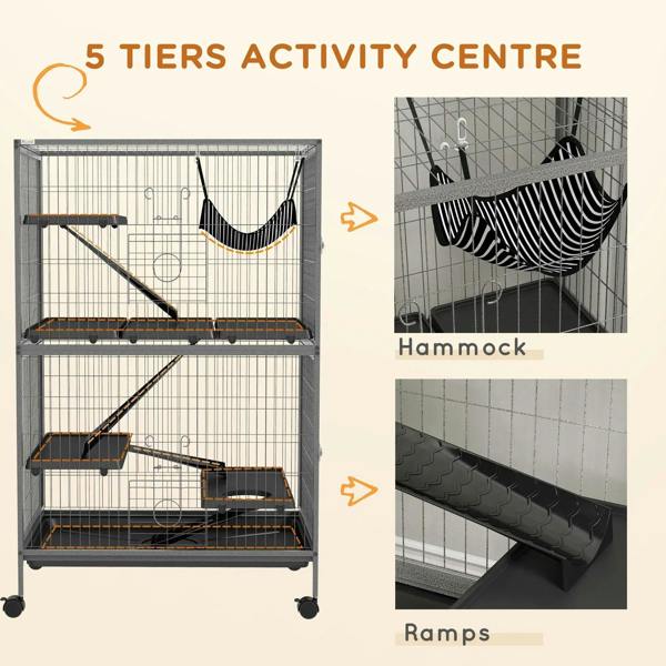 Grey wire small animal cage with hanging hammock, ramps, and 5-tier activity layout.
