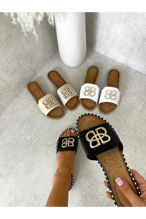 Abby Sparkle Buckle Gold Studded Flat Sandals - Black